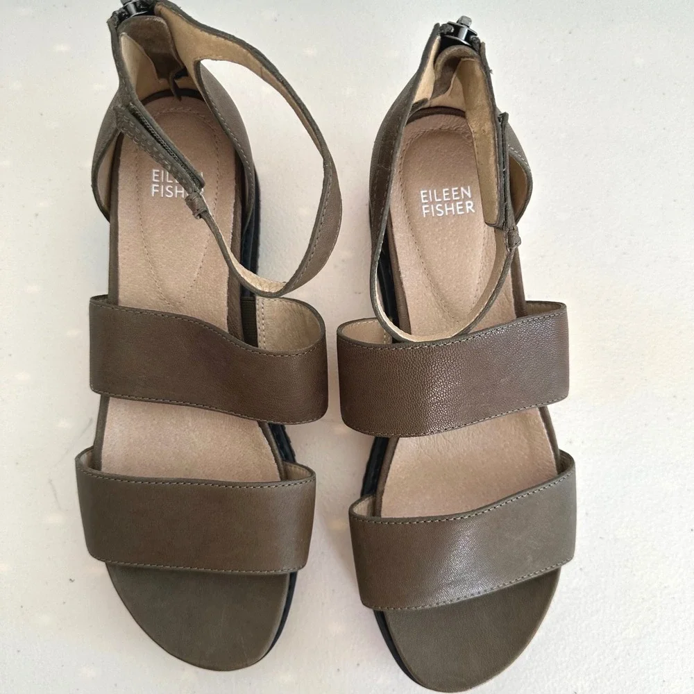 Eileen Fisher Keno Platform Sandals Womens 9.5 Olive Green‎ Leather Coastal